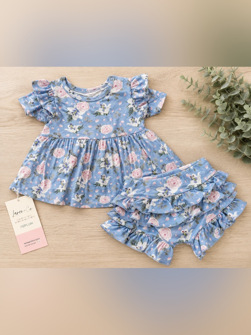 Laree + Co Blue Floral Peplum & Ruffle Bummies Set NWT | 12-18 Months